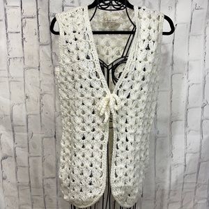 Vintage Crochet Cardigan Sweater Vest Open Tie Front Cream Loose Weave Acrylic